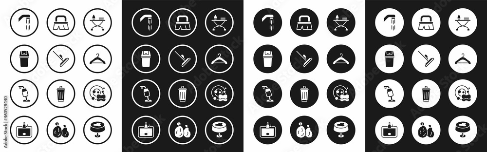 Set Iron and ironing board, Mop, Trash can, Shower head, Hanger wardrobe, Brush for cleaning, Washing dishes and Vacuum cleaner icon. Vector