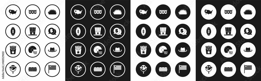 Set Taco with tortilla, Patriotic American top hat, Football ball, USA map, Coin money dollar, Carnival garland flags, Western cowboy and Potatoes french fries box icon. Vector