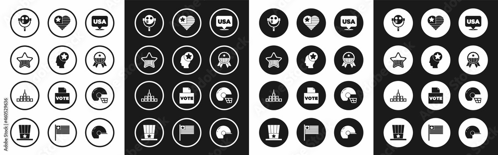 Set USA Independence day, Head, Tourist binoculars, Medal with star, American football helmet and City landscape icon. Vector Set USA Independence day, Head, Tourist binoculars, Medal with star, American football helmet and City landscape icon. Vector
