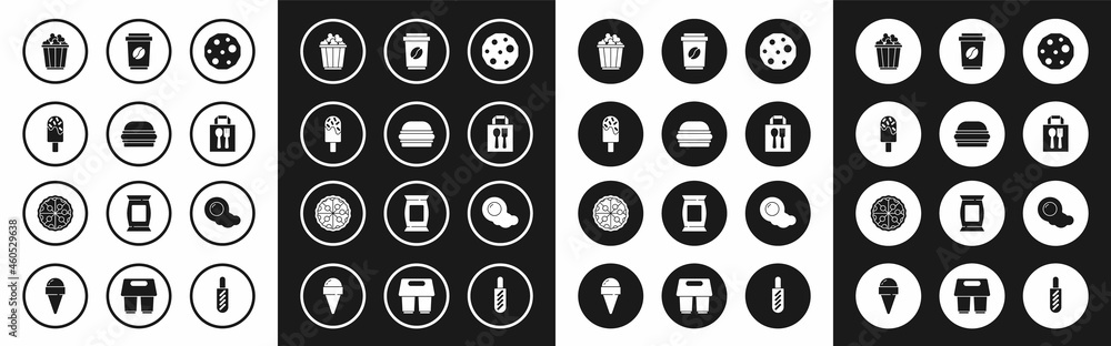 Set Cookie or biscuit, Burger, Ice cream, Popcorn in box, Online ordering and delivery, Coffee cup to go, Scrambled eggs and Pizza icon. Vector