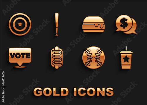 Set Hotdog sandwich, Coin money with dollar, Paper glass straw, Baseball ball, Vote, Burger, American star shield and bat icon. Vector