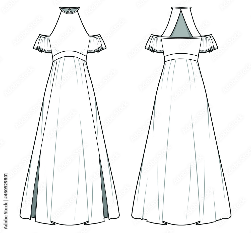 Women Halter Neck Frill Short Sleeve Maxi Dress Front and Back View. fashion illustration vector ...