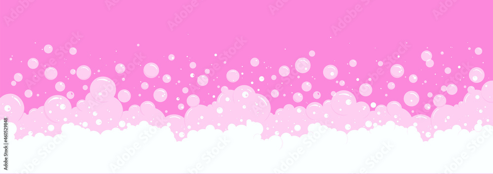 Cartoon effervescent and fizzy border. Soap bubbles and foam vector pink background, transparent suds pattern. Abstract illustration