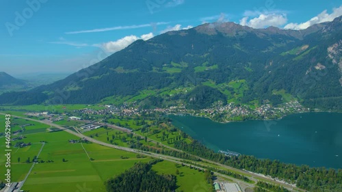 Aerial view of the city Weesen in Switzerland on a sunny day in summer. 
 photo