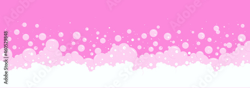 Cartoon effervescent and fizzy border. Soap bubbles and foam vector pink background, transparent suds pattern. Abstract illustration