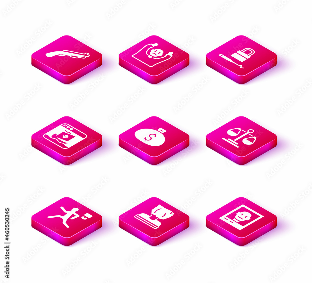 Set Murder, Kidnaping, Internet piracy, Money bag, Wanted poster, Scales of justice, Lock picks for lock picking and Thief surrendering hands up icon. Vector Set Murder, Kidnaping, Internet piracy, Money bag, Wanted poster, Scales of justice, Lock picks for lock picking and Thief surrendering hands up icon. Vector