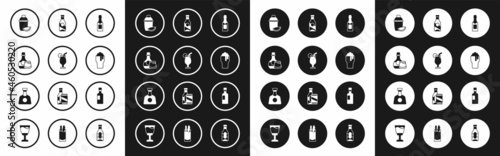 Set Champagne bottle, Cocktail, Whiskey and glass, shaker with lime, Glass of beer, Beer, Wine and Tequila icon. Vector