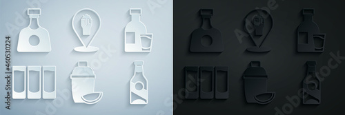 Set Cocktail shaker with lime  Bottle of vodka glass  Shot  Beer bottle  Alcohol or beer bar location and Tequila icon. Vector