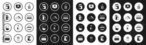 Set Milkshake, Butter in butter dish, Paper package for kefir, milk, Bottle with, Udder, Cottage cheese and jug pitcher icon. Vector