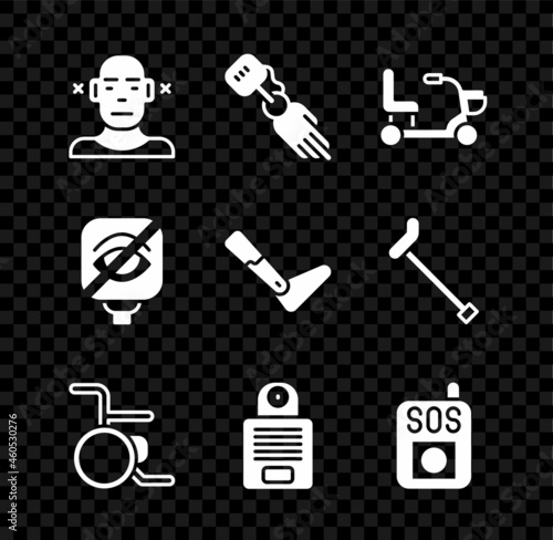 Set Deaf, Prosthesis hand, Electric wheelchair, Wheelchair, Intercom, Press SOS button, Blindness and leg icon. Vector