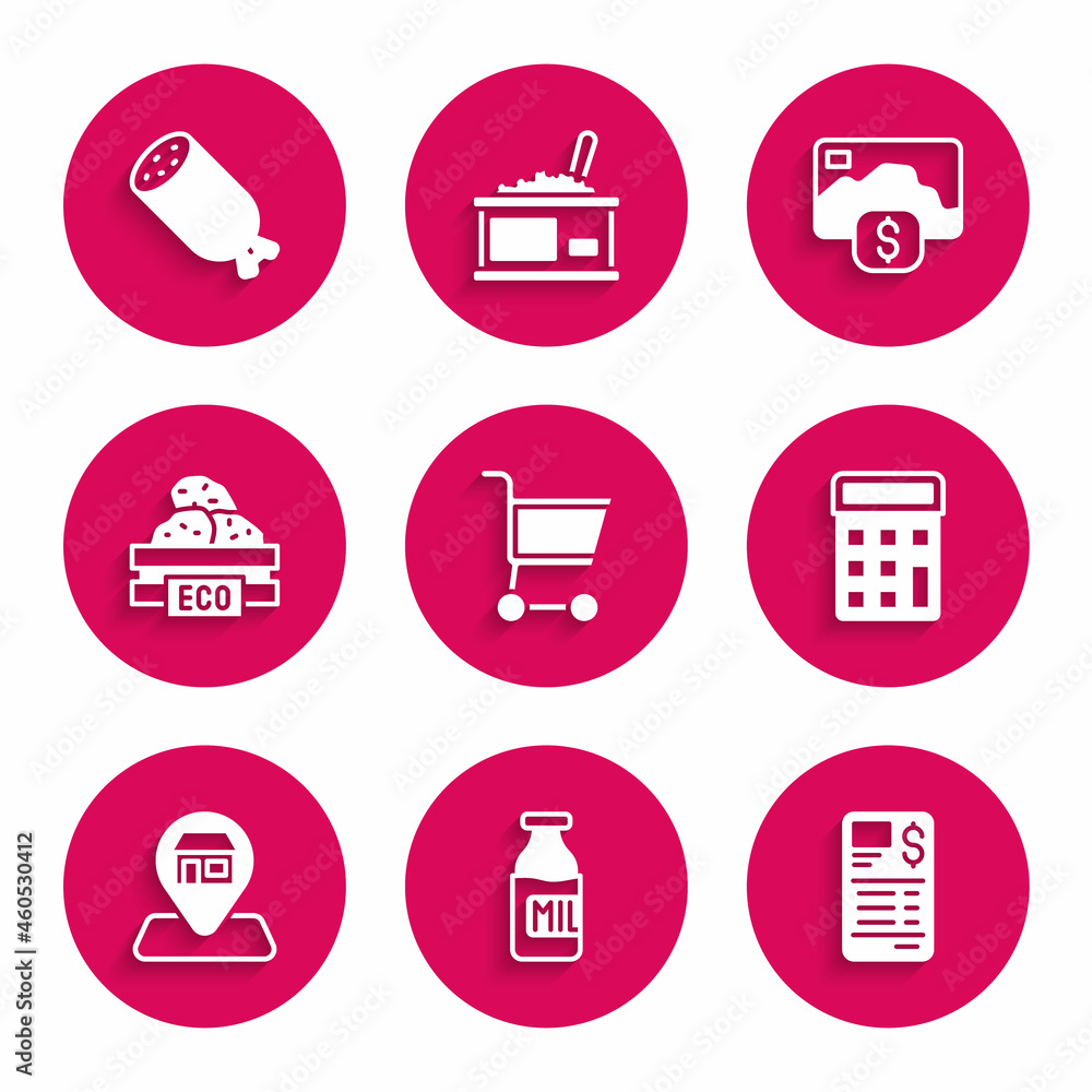 Set Shopping cart, Bottle with milk, Paper or financial check, Calculator, Location Market store, Wooden box for fruits, Credit card and Salami sausage icon. Vector Set Shopping cart, Bottle with milk, Paper or financial check, Calculator, Location Market store, Wooden box for fruits, Credit card and Salami sausage icon. Vector