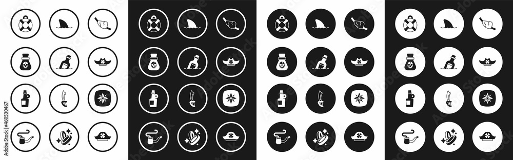 Set Pirate eye patch, Bottle with message in water, coin, Lifebuoy, hat, Shark fin ocean wave, Wind rose and Alcohol drink Rum icon. Vector