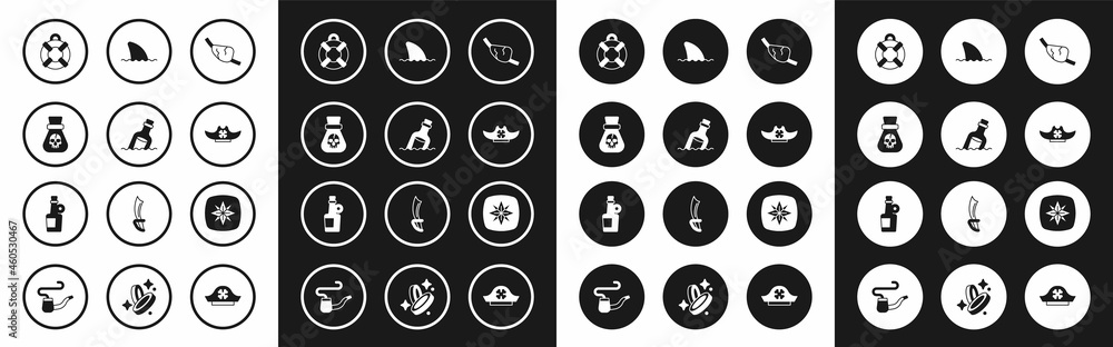 Set Pirate eye patch, Bottle with message in water, coin, Lifebuoy, hat, Shark fin ocean wave, Wind rose and Alcohol drink Rum icon. Vector Set Pirate eye patch, Bottle with message in water, coin, Lifebuoy, hat, Shark fin ocean wave, Wind rose and Alcohol drink Rum icon. Vector
