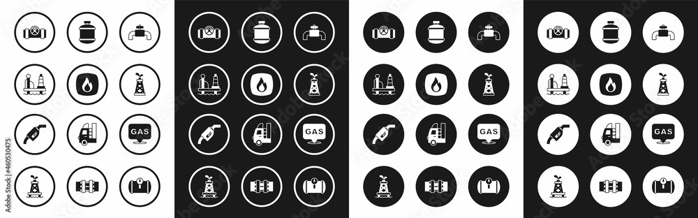 Set Metallic pipes and valve, Fire flame, Oil platform in the sea, rig, Propane gas tank, Location station and Gasoline pump nozzle icon. Vector