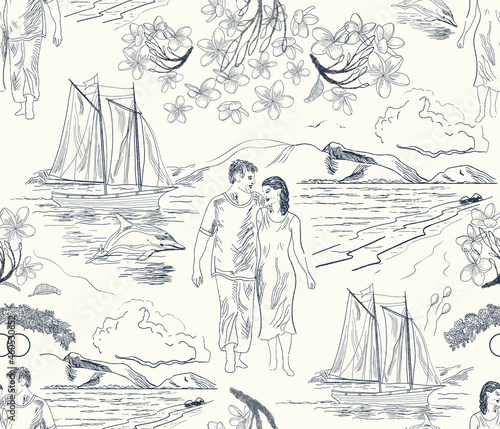 Vector EPS10 seamless pattern Honeymoon Travel, a just married couple walks by a quite beach of a tropical island, near their sailing boat. A line art in a vintage toile decorative style.