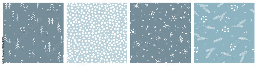 A set of seamless patterns. The collection is a cozy winter decoration with flowers, a Christmas tree, berries, frosty decorations, snowflakes. Simple Scandinavian style. Vector graphics. A set of seamless patterns. The collection is a cozy winter decoration with flowers, a Christmas tree, berries, frosty decorations, snowflakes. Simple Scandinavian style. Vector graphics.