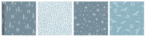 A set of seamless patterns. The collection is a cozy winter decoration with flowers, a Christmas tree, berries, frosty decorations, snowflakes. Simple Scandinavian style. Vector graphics.