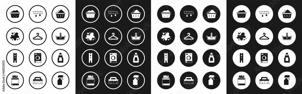 Set Basin with soap suds, Hanger wardrobe, Water spill, Temperature wash, Squeeze clothes, Bottle for cleaning agent and Clothes pin icon. Vector Set Basin with soap suds, Hanger wardrobe, Water spill, Temperature wash, Squeeze clothes, Bottle for cleaning agent and Clothes pin icon. Vector