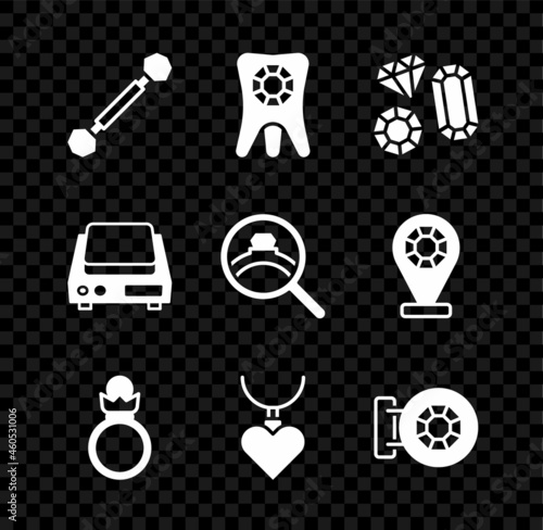 Set Piercing, Tooth with diamond, Gem stone, Diamond engagement ring, Necklace heart shaped pendant, Jewelry store, Electronic jewelry scales and icon. Vector