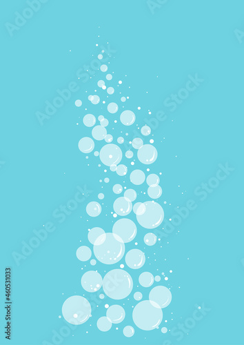 Transparent effervescent air bubbles stream on blue background. Cartoon soda pop. Fizzy drinks. Carbonated vector illustration