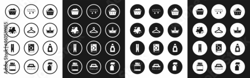 Set Basin with soap suds, Hanger wardrobe, Water spill, Temperature wash, Squeeze clothes, Bottle for cleaning agent and Clothes pin icon. Vector