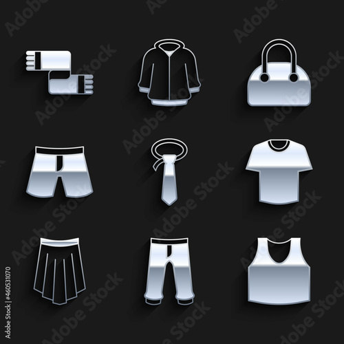 Set Tie  Pants  Undershirt  T-shirt  Skirt  Short or pants  Handbag and Winter scarf icon. Vector