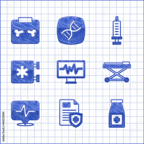 Set Monitor with cardiogram, Patient record, Medicine bottle and pills, Stretcher, Heart rate, Emergency - Star of Life, Syringe and X-ray shots broken bone icon. Vector