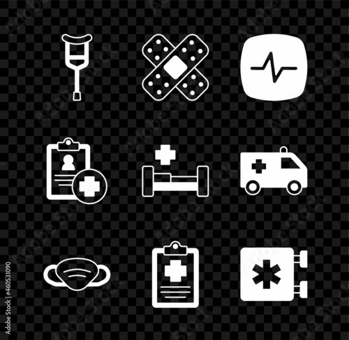 Set Crutch or crutches, Crossed bandage plaster, Heart rate, Medical protective mask, Patient record, Emergency - Star of Life, and Hospital bed icon. Vector