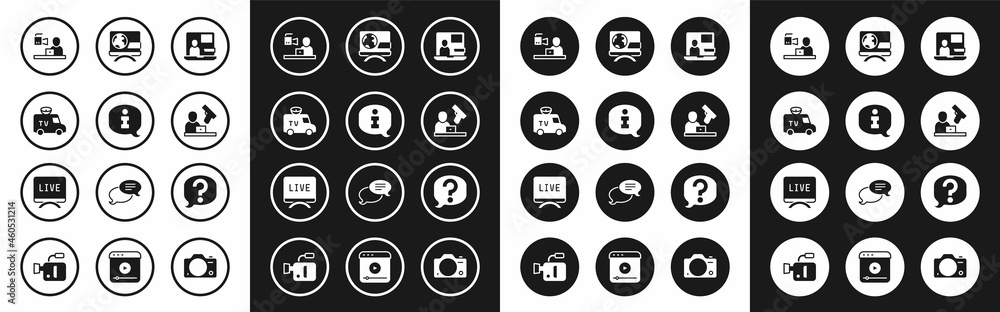 Set World news, Information, TV News car, Breaking, Crime, Speech bubble chat and Live report icon. Vector Set World news, Information, TV News car, Breaking, Crime, Speech bubble chat and Live report icon. Vector