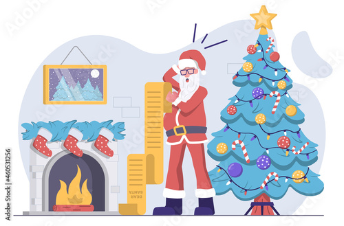 Santa Claus reads his wish list and is surprised, with a Christmas tree and fireplace in the back