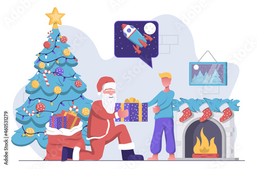 Santa Claus gives a gift to a little boy, with a fireplace and a Christmas tree in the back