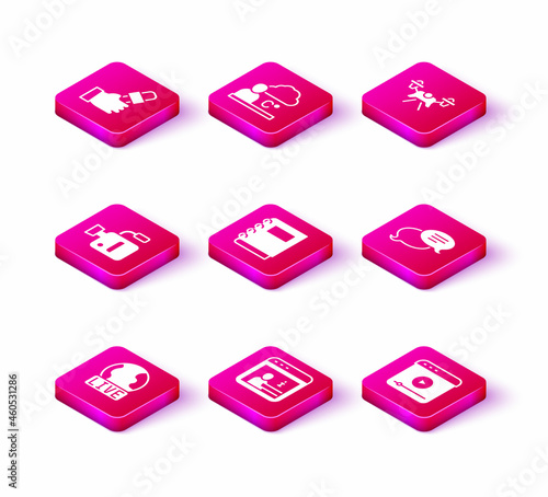 Set Live report, Information, Cinema camera, Notebook, stream, Speech bubble chat, Drone and Weather forecast icon. Vector