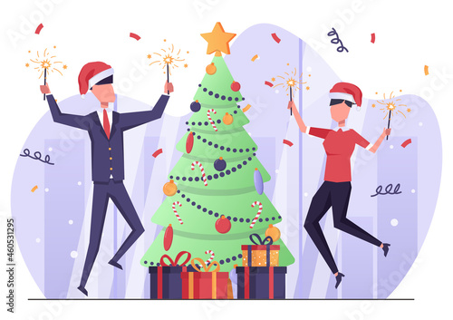 Businessmen with bengal fire in the office celebrating Christmas, the Christmas tree is trimmed, New year atmosphere