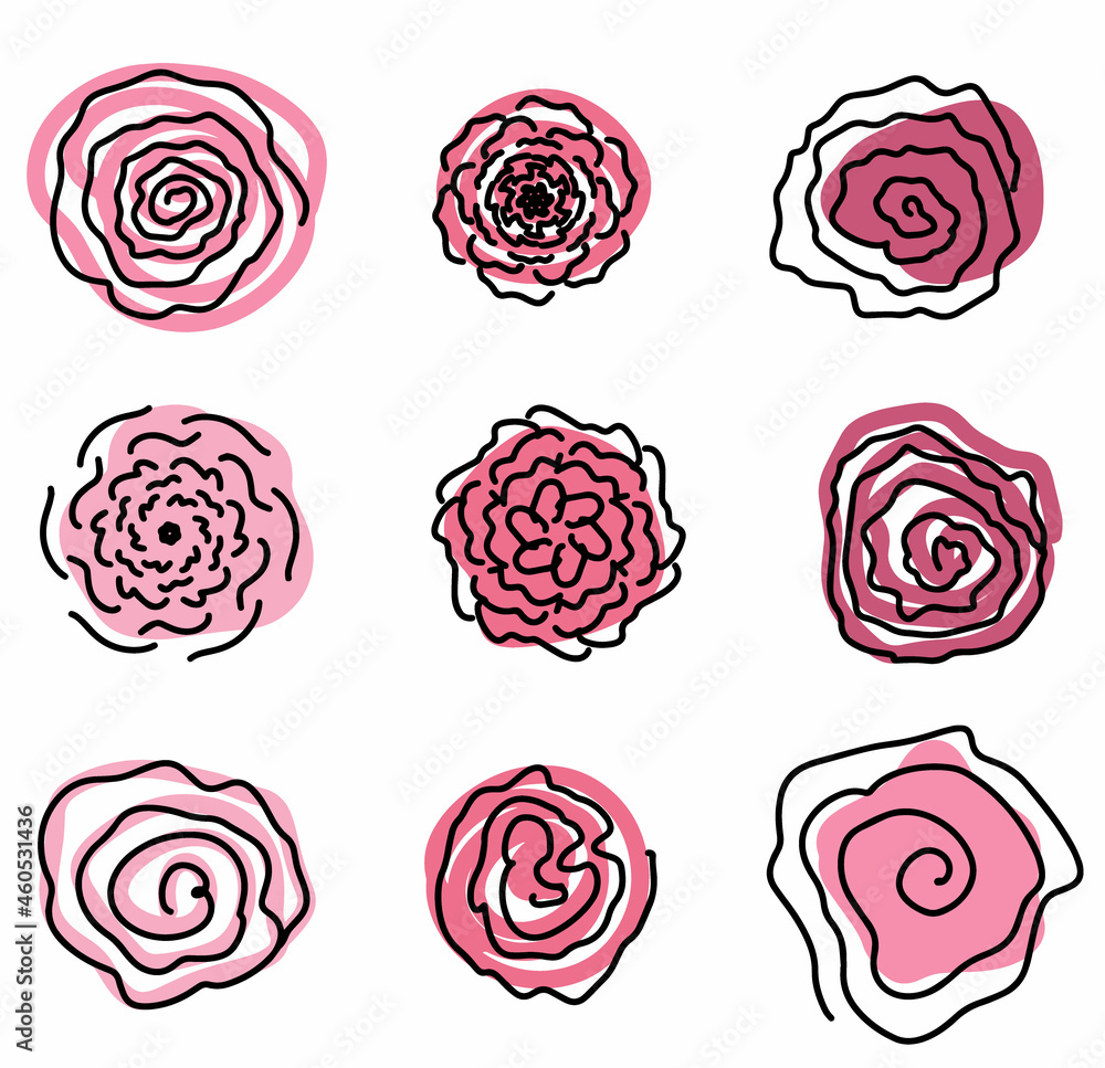 Set of pink flowers, buds. The vector with roses in a linear style with abstract spots on an emerald background. Floral background with roses. Beautiful rosebuds for decoration. Set of pink flowers, buds. The vector with roses in a linear style with abstract spots on an emerald background. Floral background with roses. Beautiful rosebuds for decoration.