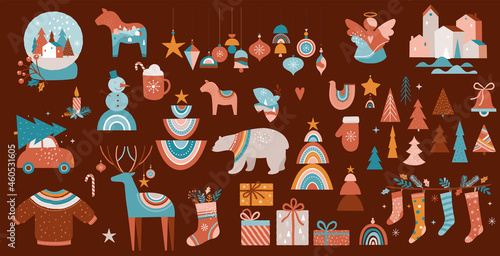 Merry Christmas Boho, Bohemian collection. Vector trendy Xmas design and illustration. Rainbows, decorations and Nordic winter elements