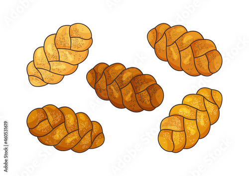 Challah vector set. Holiday jewish braided loaf icons, cartoon shabbat bread isolated on white background. Food illustration