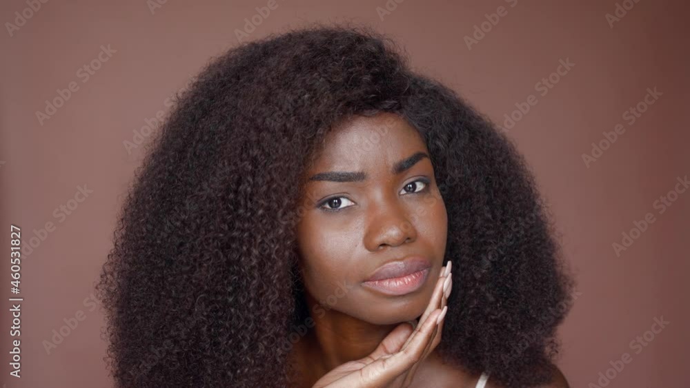 Gorgeous happy smiling attractive young 20s African American girl looking at camera touching face skin with hands isolated on brown background. Headshot closeup portrait. Skincare beauty concept. Gorgeous happy smiling attractive young 20s African American girl looking at camera touching face skin with hands isolated on brown background. Headshot closeup portrait. Skincare beauty concept.