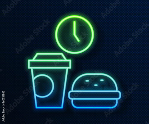 Glowing neon line Fast food time icon isolated on blue background. Vector