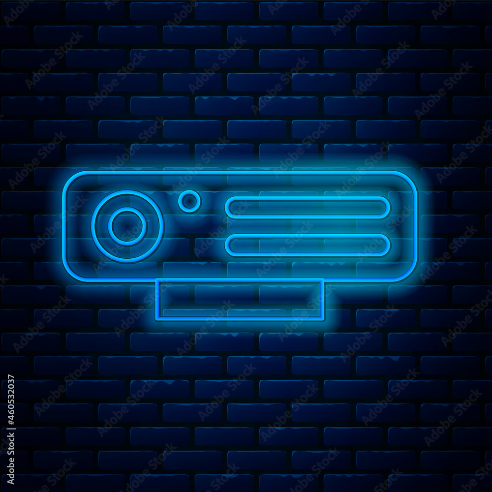 Glowing neon line Web camera icon isolated on brick wall background. Chat camera. Webcam icon. Vector Glowing neon line Web camera icon isolated on brick wall background. Chat camera. Webcam icon. Vector
