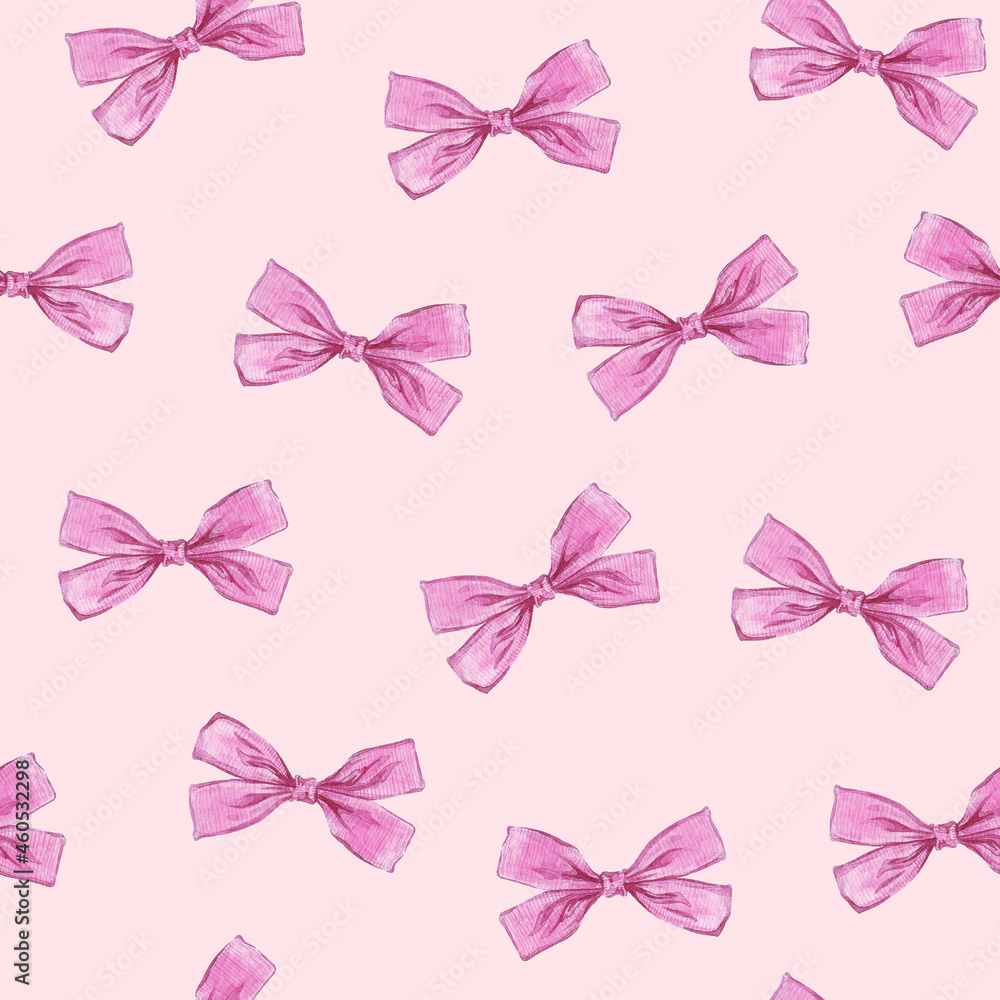 watercolor illustration, pink bow pattern isolated on light pink ...
