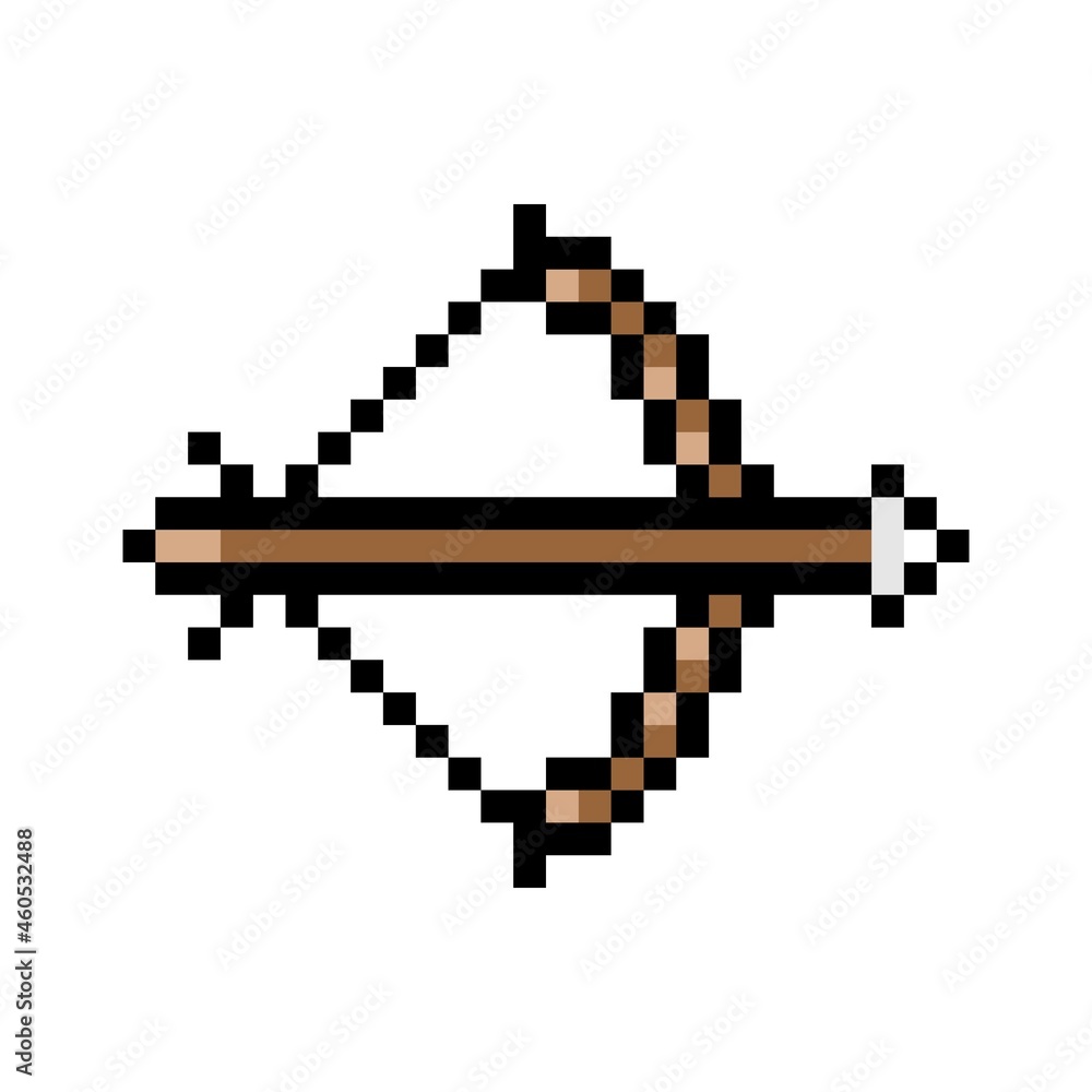 Pixel bow with arrow icon. Combat pixelated weapons prepared for shooting. Gaming 8bit vector interface symbol Pixel bow with arrow icon. Combat pixelated weapons prepared for shooting. Gaming 8bit vector interface symbol