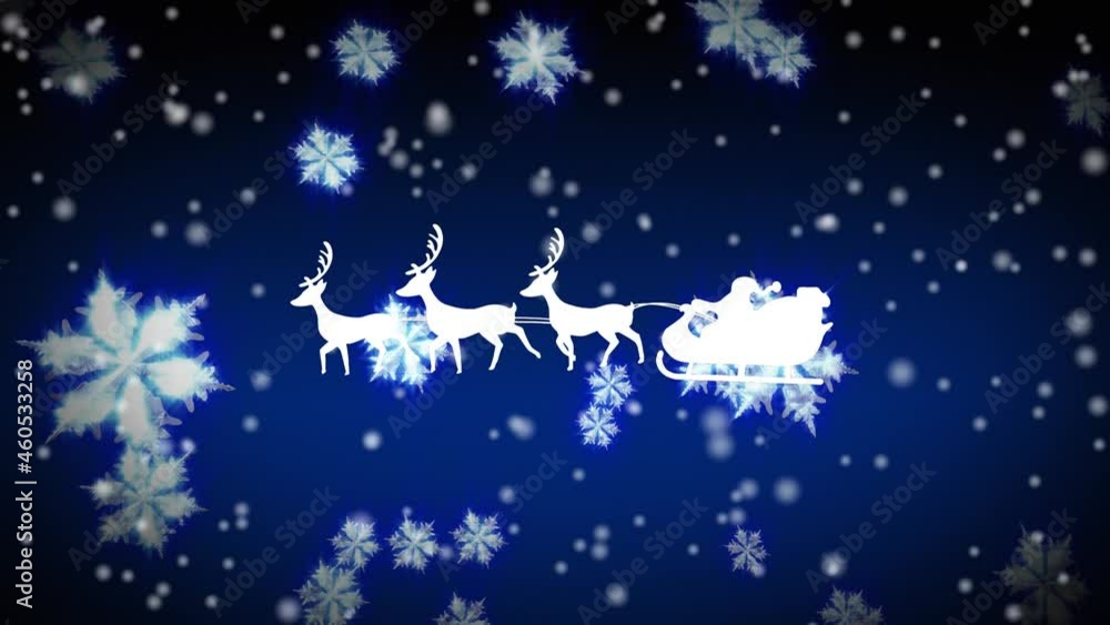 Santa claus in sleigh being pulled by reindeers against snowflakes floating and white spots falling Santa claus in sleigh being pulled by reindeers against snowflakes floating and white spots falling