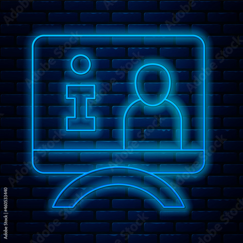 Glowing neon line Television report icon isolated on brick wall background. TV news. Vector