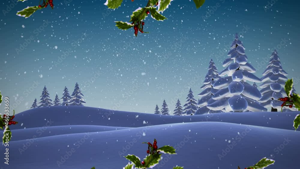 Christmas wreath over snow falling over multiple trees on winter landscape against blue sky Christmas wreath over snow falling over multiple trees on winter landscape against blue sky