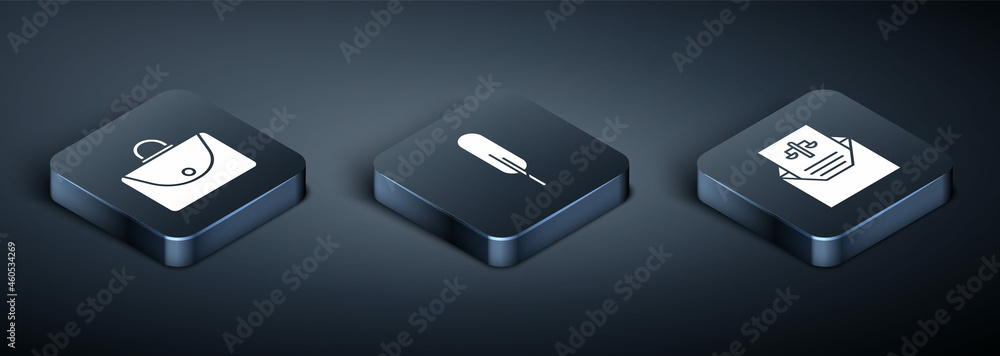Set Isometric Briefcase, Subpoena and Feather pen icon. Vector Set Isometric Briefcase, Subpoena and Feather pen icon. Vector