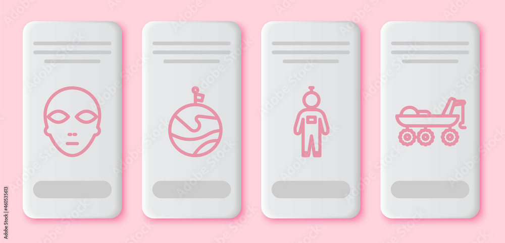 Set line Alien, Moon with flag, Astronaut and Mars rover. White rectangle button. Vector Set line Alien, Moon with flag, Astronaut and Mars rover. White rectangle button. Vector