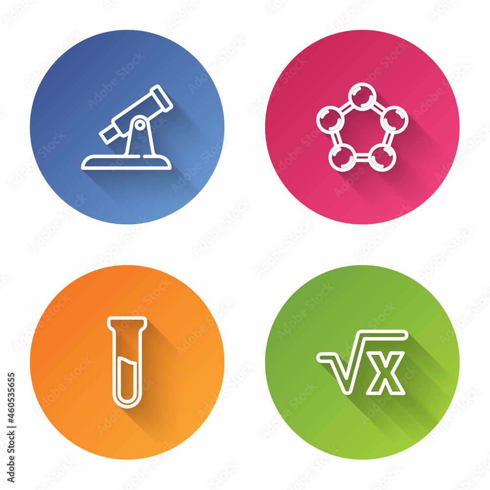 Set line Telescope, Molecule, Test tube and flask and Square root of x glyph. Color circle button. Vector Set line Telescope, Molecule, Test tube and flask and Square root of x glyph. Color circle button. Vector