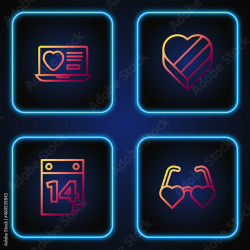 Set line Heart shaped love glasses, Calendar with February 14, Dating app online and Candy heart box. Gradient color icons. Vector