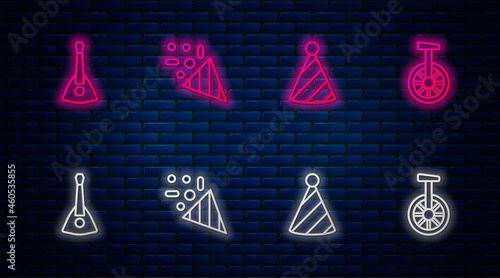 Set line Festive confetti, Party hat, Balalaika and Unicycle or one wheel bicycle. Glowing neon icon on brick wall. Vector