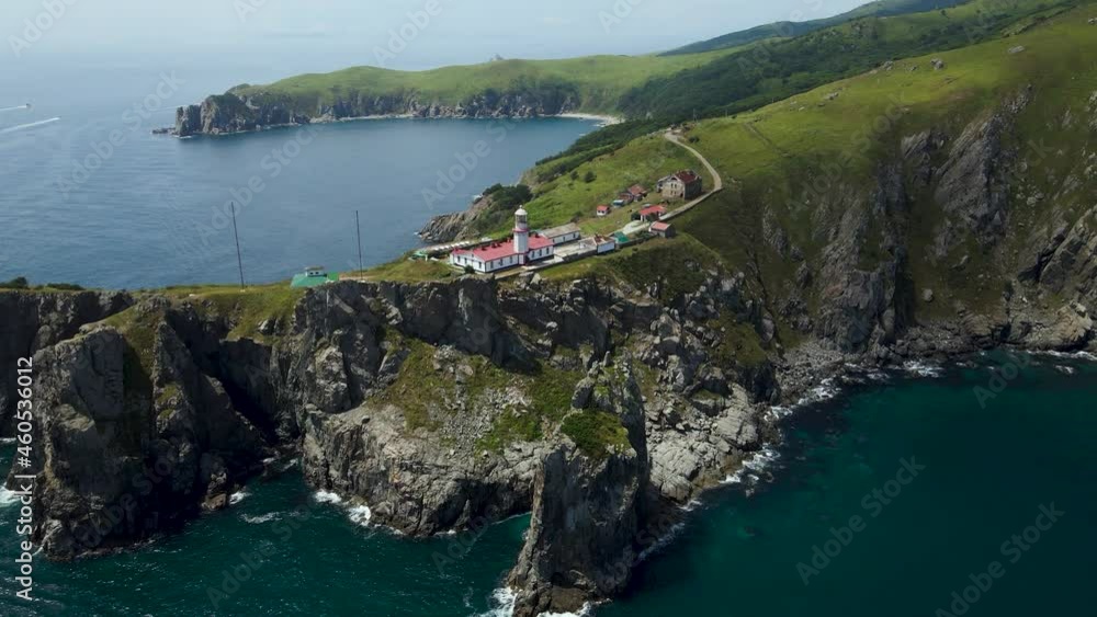Aerial view, Lighthouse Gamow, Pacific Ocean, rocks, green grass on the mountains , bay
Aerial view, Lighthouse Gamow, Pacific Ocean, rocks, green grass on the mountains , bay